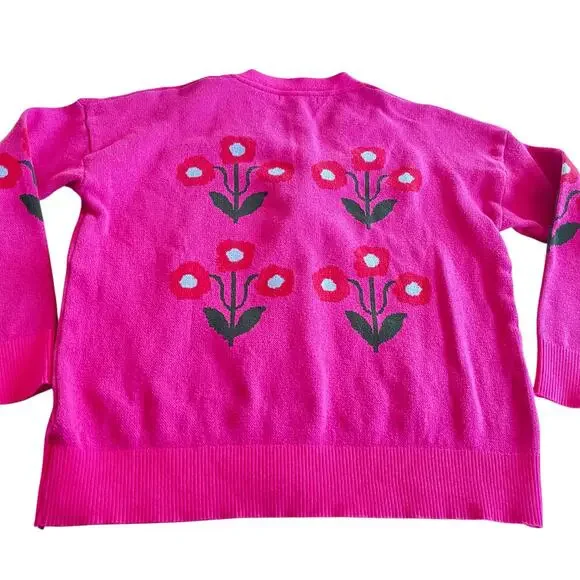 TINY COTTONS Intarsia Hot Pink Mako Cotton Knit Cardigan Sweater size 12 - Picture 4 of 7